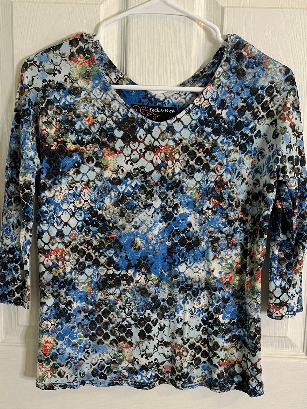 Peck & Peck Blue Multi-Pattern V-Neck 3/4 Length Long Sleeve Top